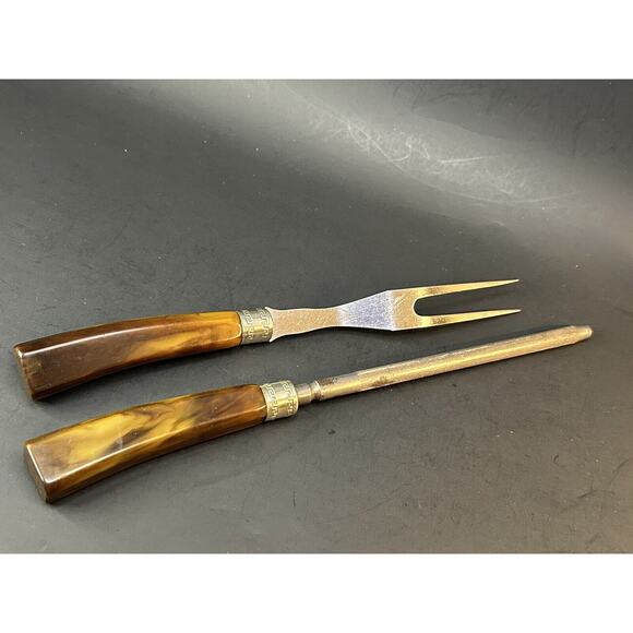 Meat Fork and Sharpener Bakelite Vintage MCM Handle Stainless Steel Greek Key - Picture 8 of 9